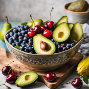 fresh vegetables including avocado berries and cherries