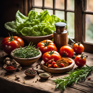 vegetables, tomato, spices, rosemarry